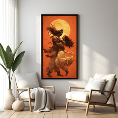Shiv Shakti embrace artwork with radiant golden tones in elegant black floater frame