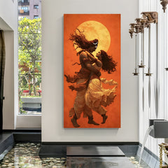 Lord Shiva and Goddess Parvati in an intimate embrace against a golden backdrop in premium canvas wrapped frame