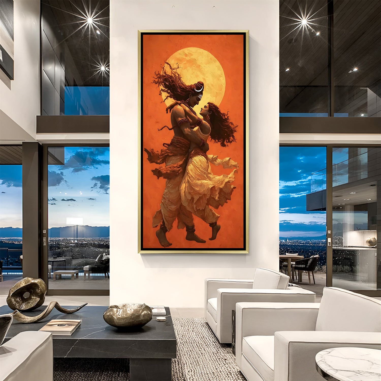 Divine Shiva and Parvati canvas painting with golden background in luxurious golden floater frame