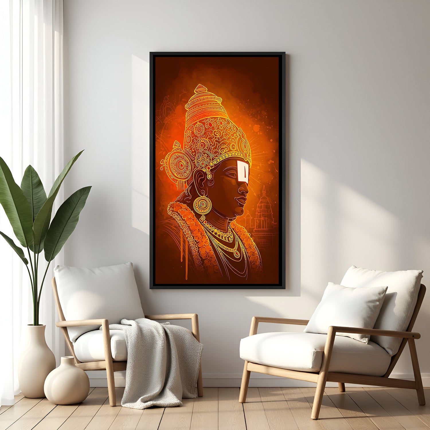 Contemporary golden Tirupati Balaji artwork in elegant black floater frame