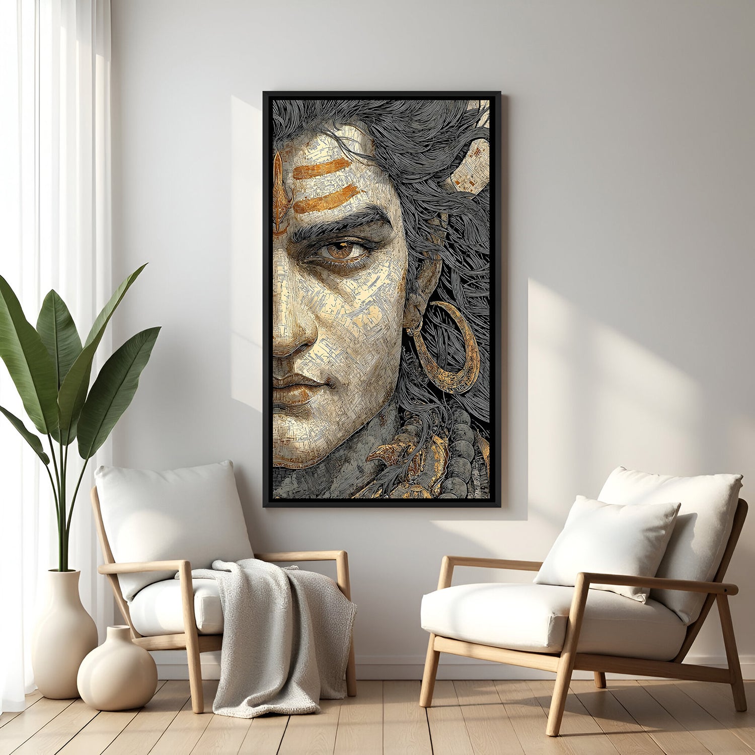 Minimalist Mahadev gold line artwork in elegant black floater frame