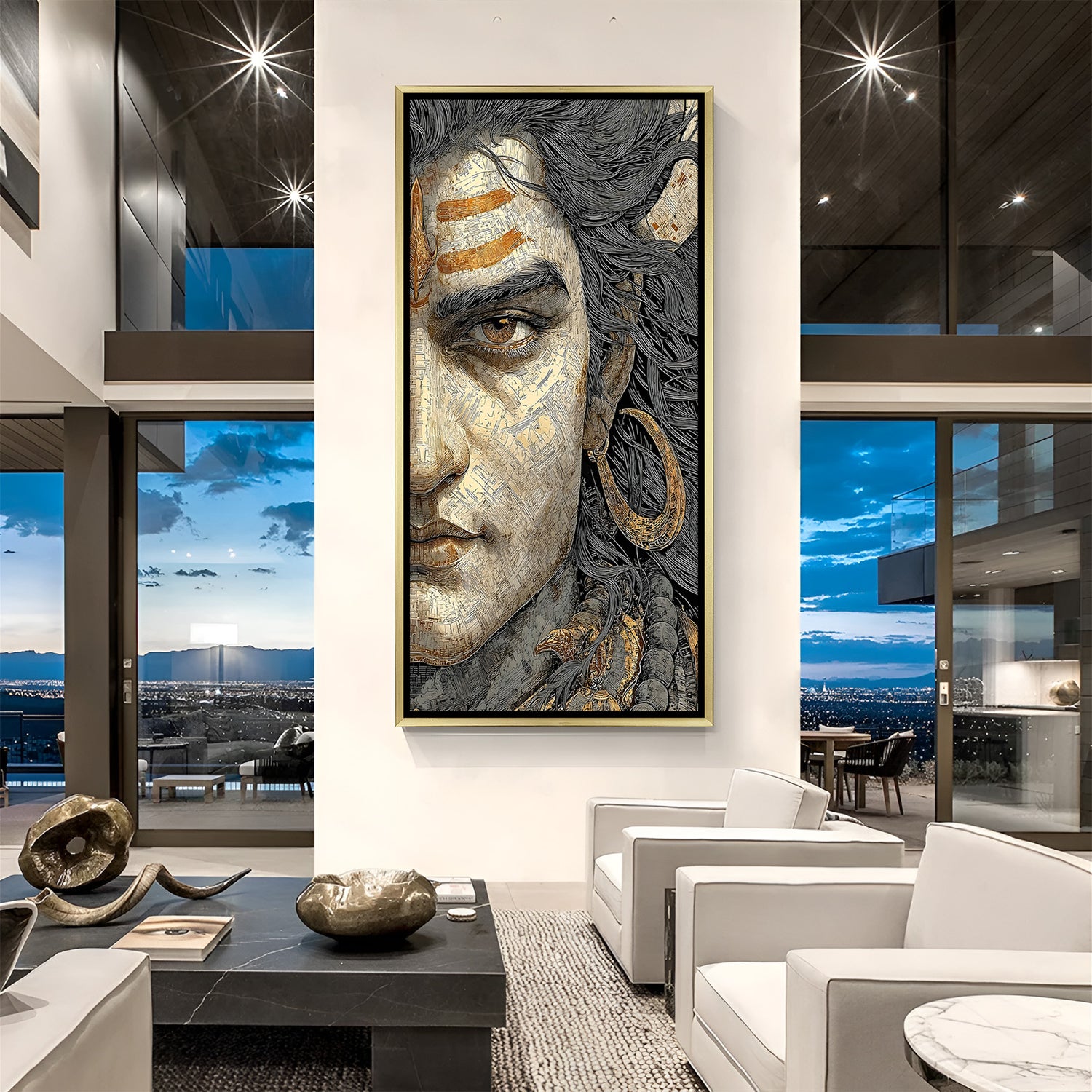 Intricate Lord Shiva line work canvas painting with gold accents in luxurious golden floater frame