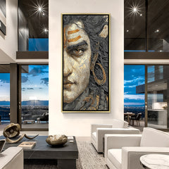 Intricate Lord Shiva line work canvas painting with gold accents in luxurious golden floater frame