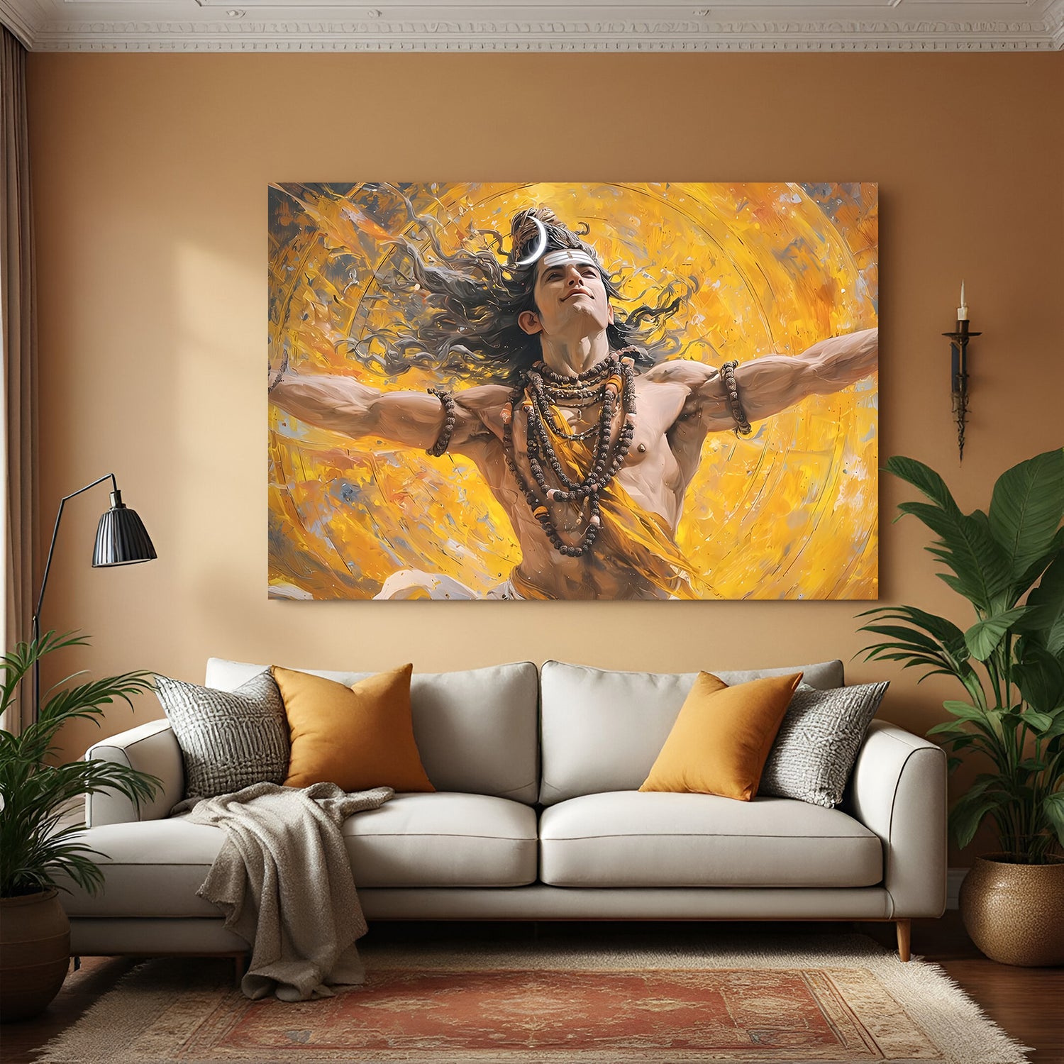 Lord Shiva performing the cosmic dance with golden tones canvas wall art in premium canvas wrapped frame