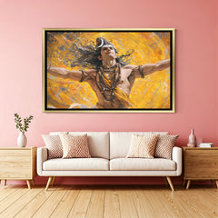 Golden Lord Shiva cosmic dance canvas painting in luxurious golden floater frame with vibrant artistic textures