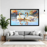 Hand painted swan couple artwork in black floater frame – romantic canvas wall art for home décor