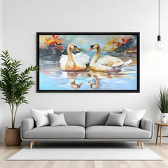 Hand painted swan couple artwork in black floater frame – romantic canvas wall art for home décor
