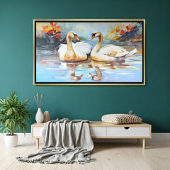 Swan couple hand painting in golden floater frame – original romantic canvas artwork for bedroom and living room décor