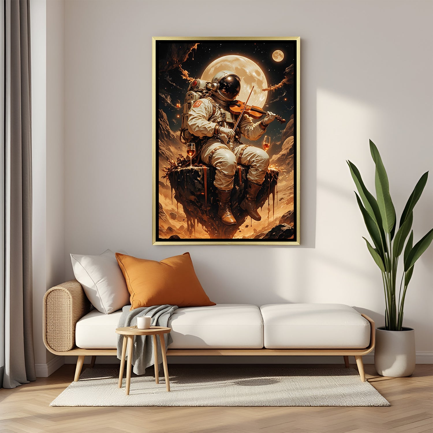 Luxury astronaut playing violin canvas artwork in golden floater frame with vibrant cosmic scenery