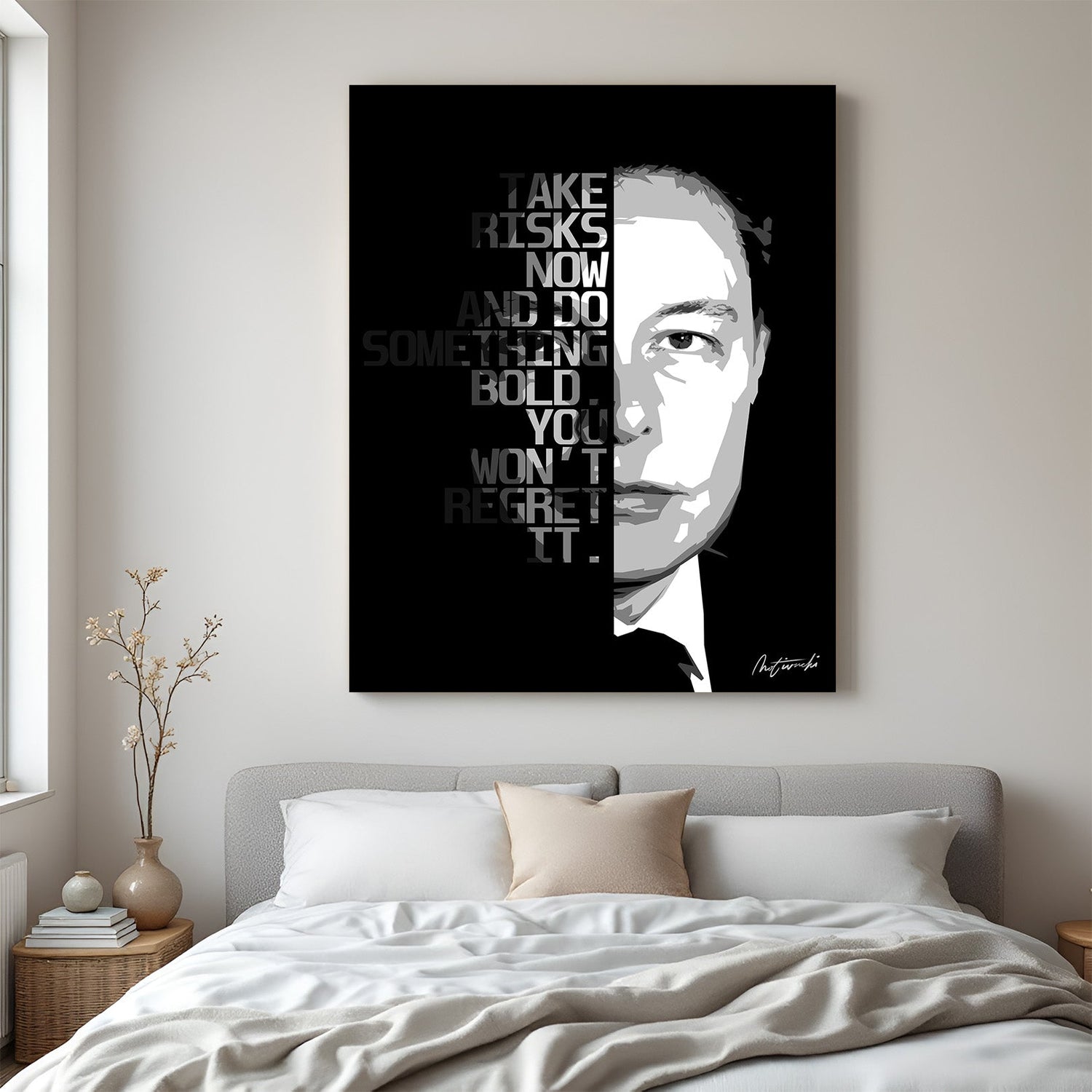 Motivational canvas printed wall art with Elon Musk quote on taking bold risks