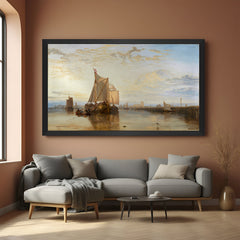 Black-framed canvas wall art of vintage tall sailing ships at sea with rustic aged texture