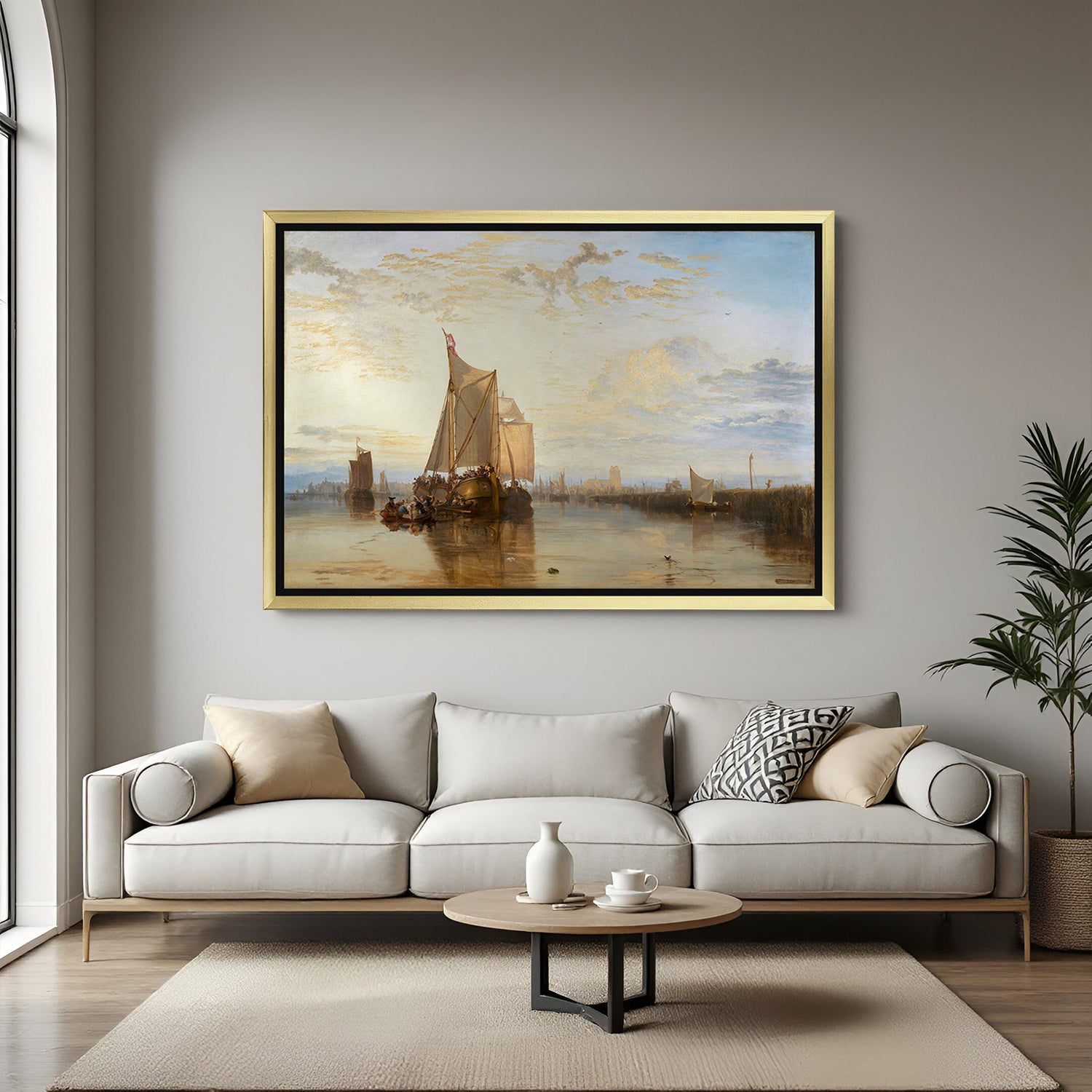 Golden-framed ancient-style canvas print showing tall ships with sails—classic nautical vintage wall art