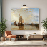 Tall ships with cloth sails sailing in the sea—ancient vintage canvas wall art with aged effect