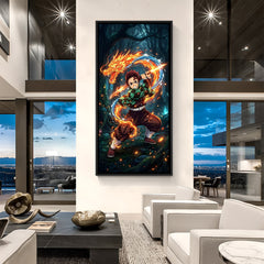 Tanjiro Kamado fighting anime canvas artwork with fire and water effects in premium black floater frame