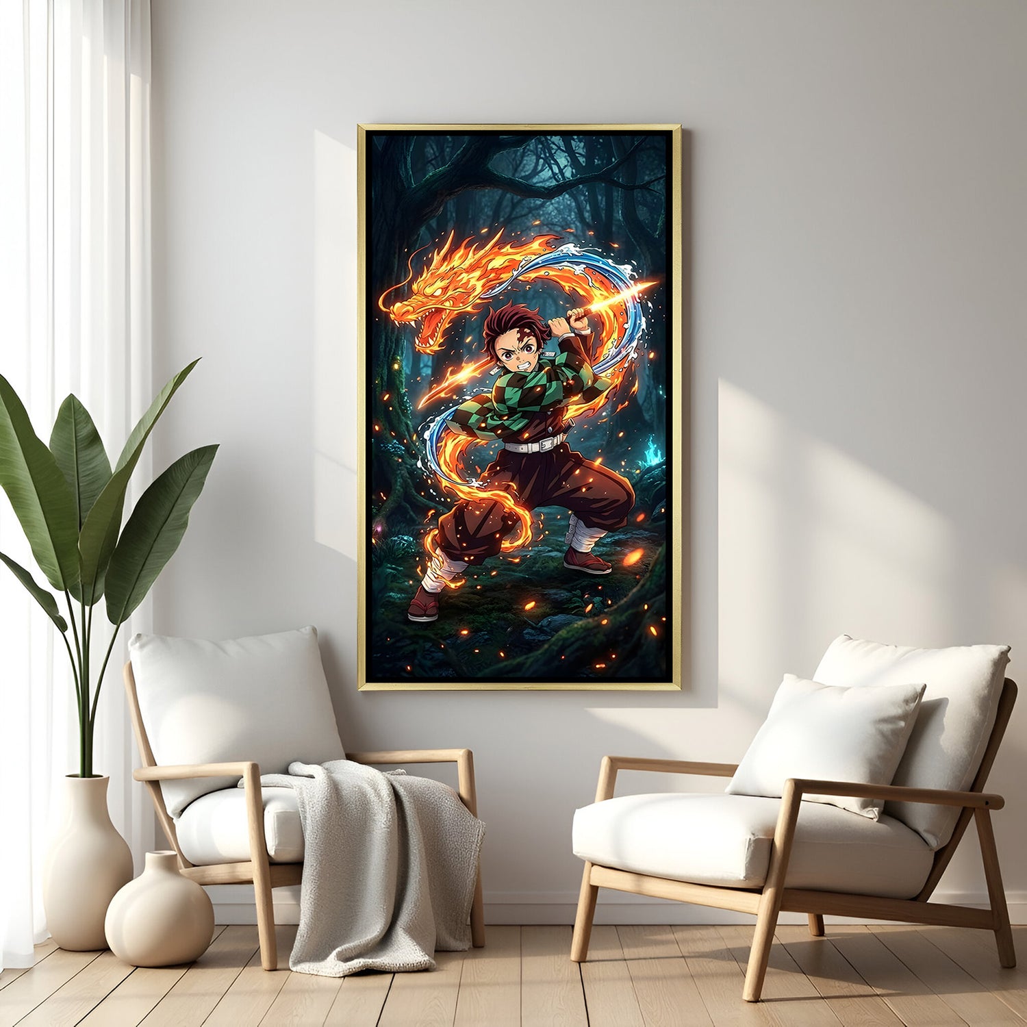 Tanjiro Kamado Demon Slayer wall art in luxury golden floater frame with Hinokami Kagura and Water Breathing design