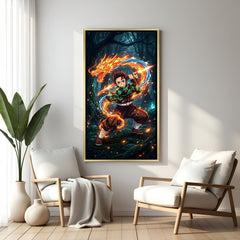 Tanjiro Kamado Demon Slayer wall art in luxury golden floater frame with Hinokami Kagura and Water Breathing design