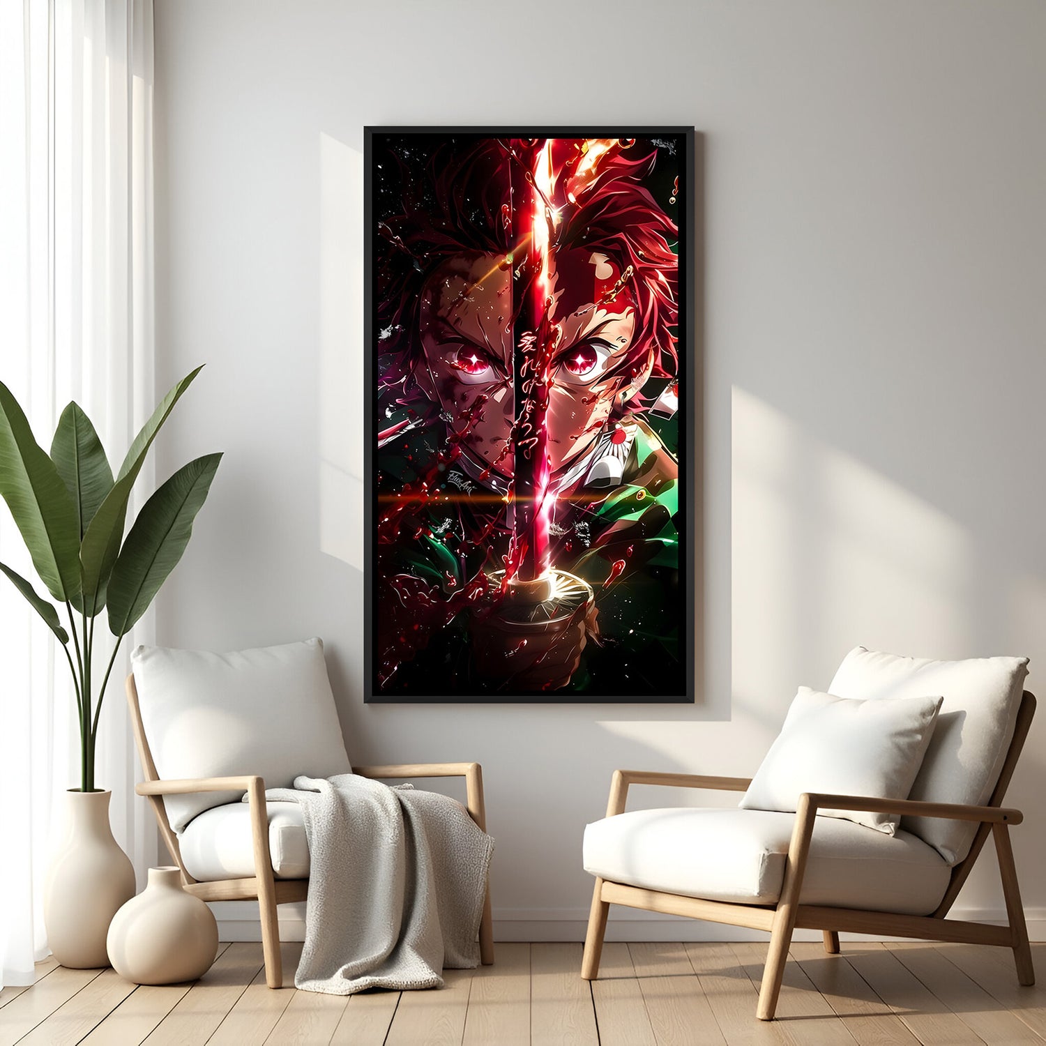 Tanjiro Kamado fighting pose anime canvas artwork in premium black floater frame