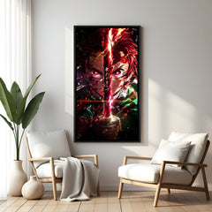 Tanjiro Kamado fighting pose anime canvas artwork in premium black floater frame