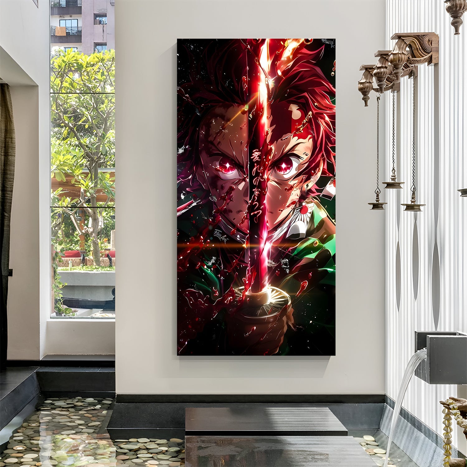 Tanjiro Kamado fighting pose canvas painting with sword anime artwork in canvas wrapped frame
