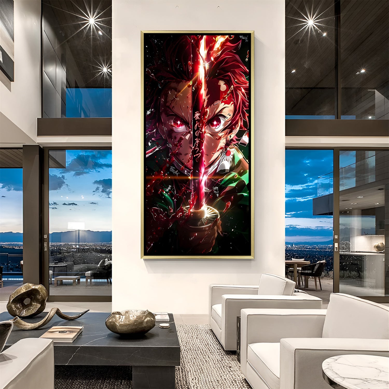 Tanjiro Kamado Demon Slayer wall art in luxury golden floater frame with anime battle design