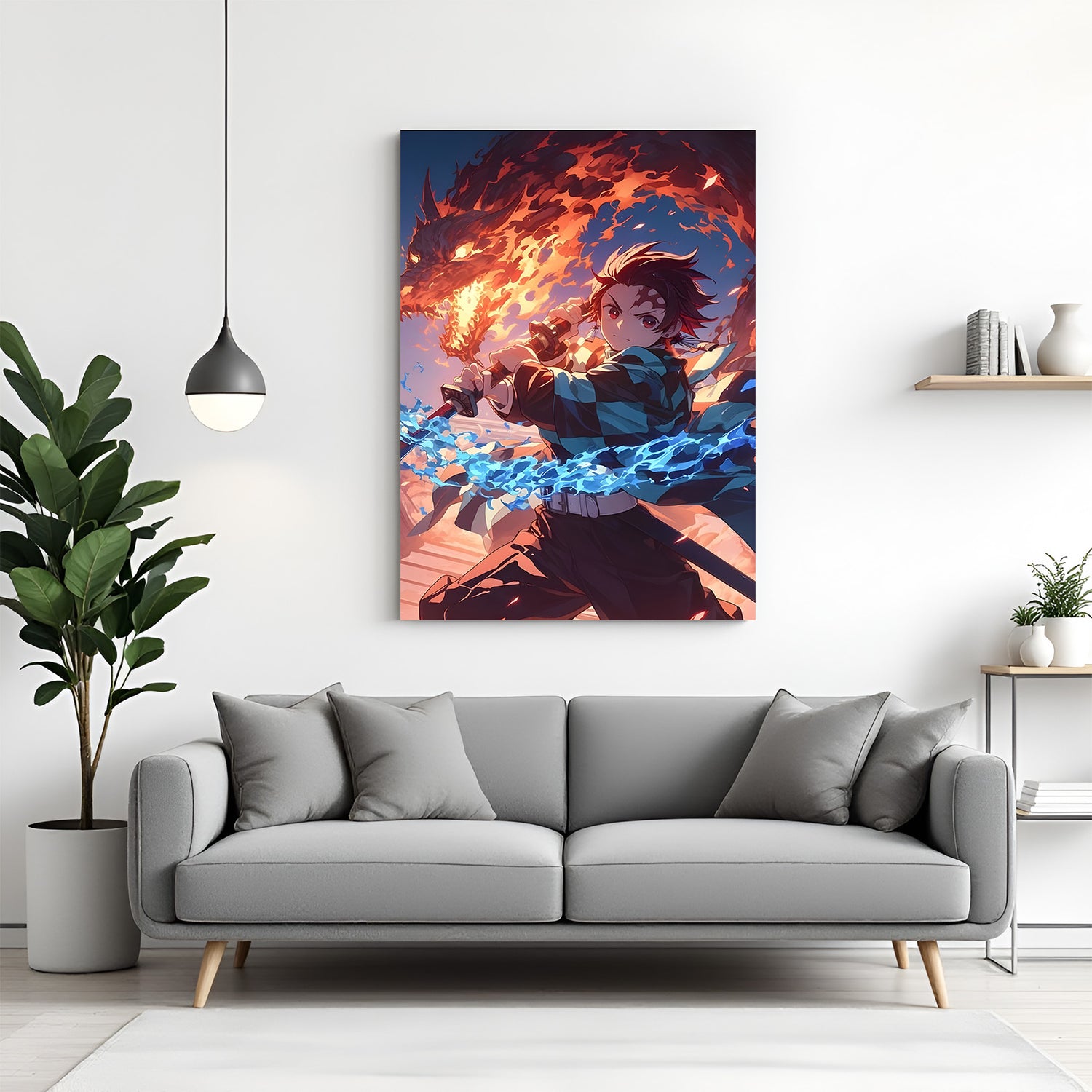 Tanjiro Kamado Fire Dragon canvas painting with fiery anime battle artwork and water effects in canvas wrapped frame