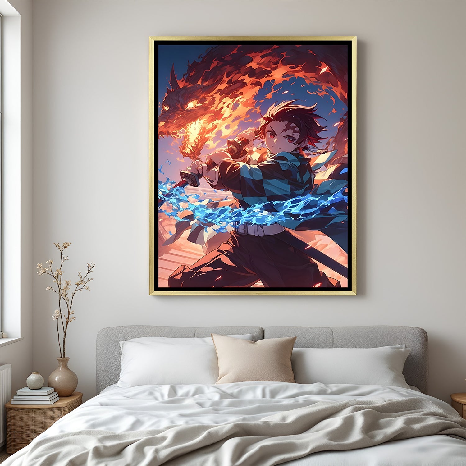 Tanjiro Kamado Demon Slayer wall art in luxury golden floater frame with fire dragon and water design