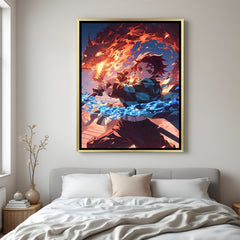 Tanjiro Kamado Demon Slayer wall art in luxury golden floater frame with fire dragon and water design