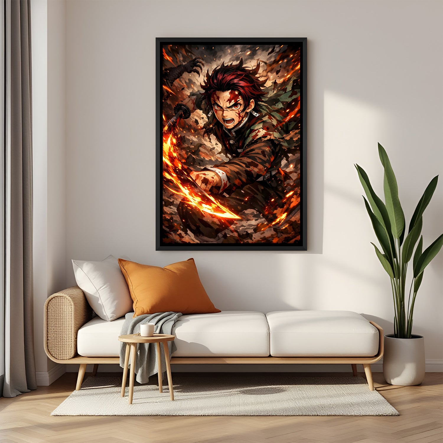 Tanjiro Kamado fire sword anime canvas artwork in premium black floater frame