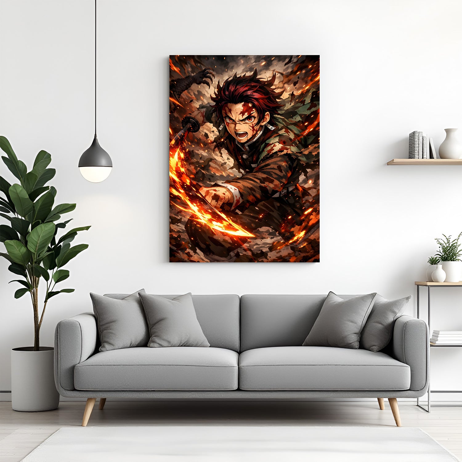 Tanjiro Kamado fire sword canvas painting with fiery anime battle artwork in canvas wrapped frame