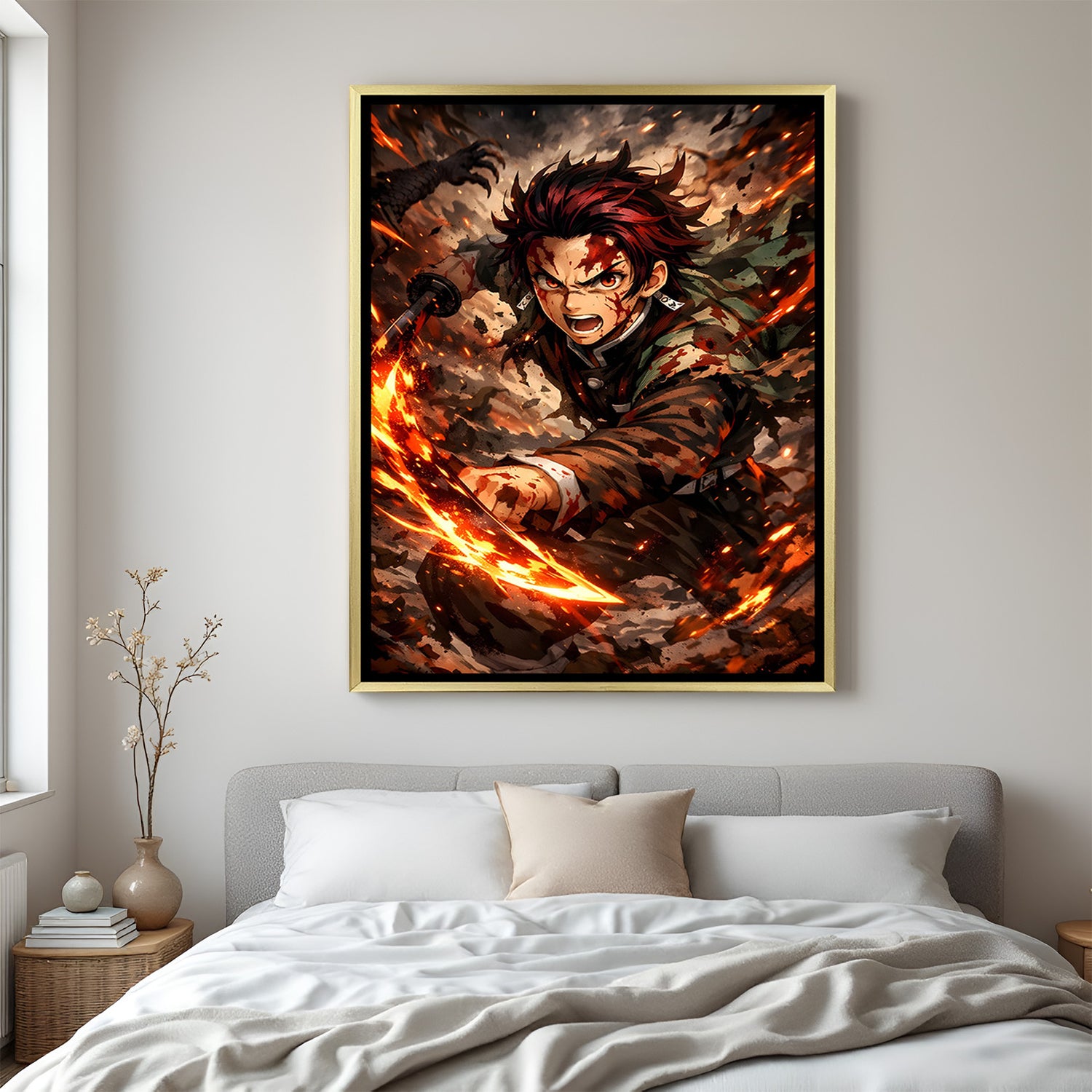 Tanjiro Kamado Demon Slayer wall art in luxury golden floater frame with fiery sword design