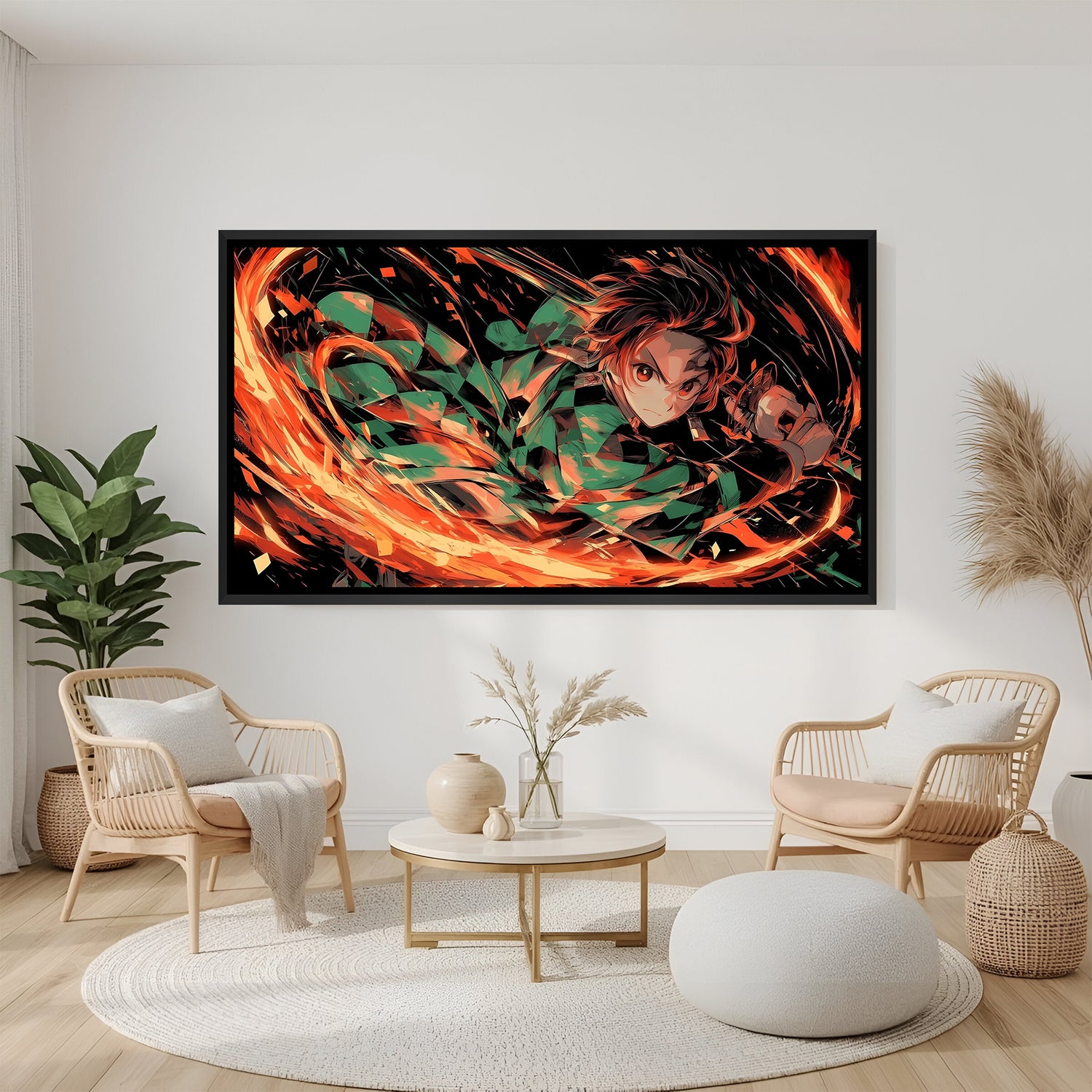 Tanjiro Kamado Hinokami Kagura anime canvas artwork in premium black floater frame