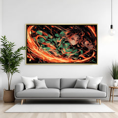 Tanjiro Kamado Demon Slayer wall art in luxury golden floater frame with Hinokami Kagura design