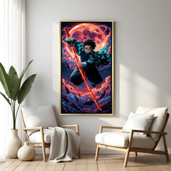 Tanjiro Kamado Demon Slayer wall art in luxury golden floater frame with moon anime design