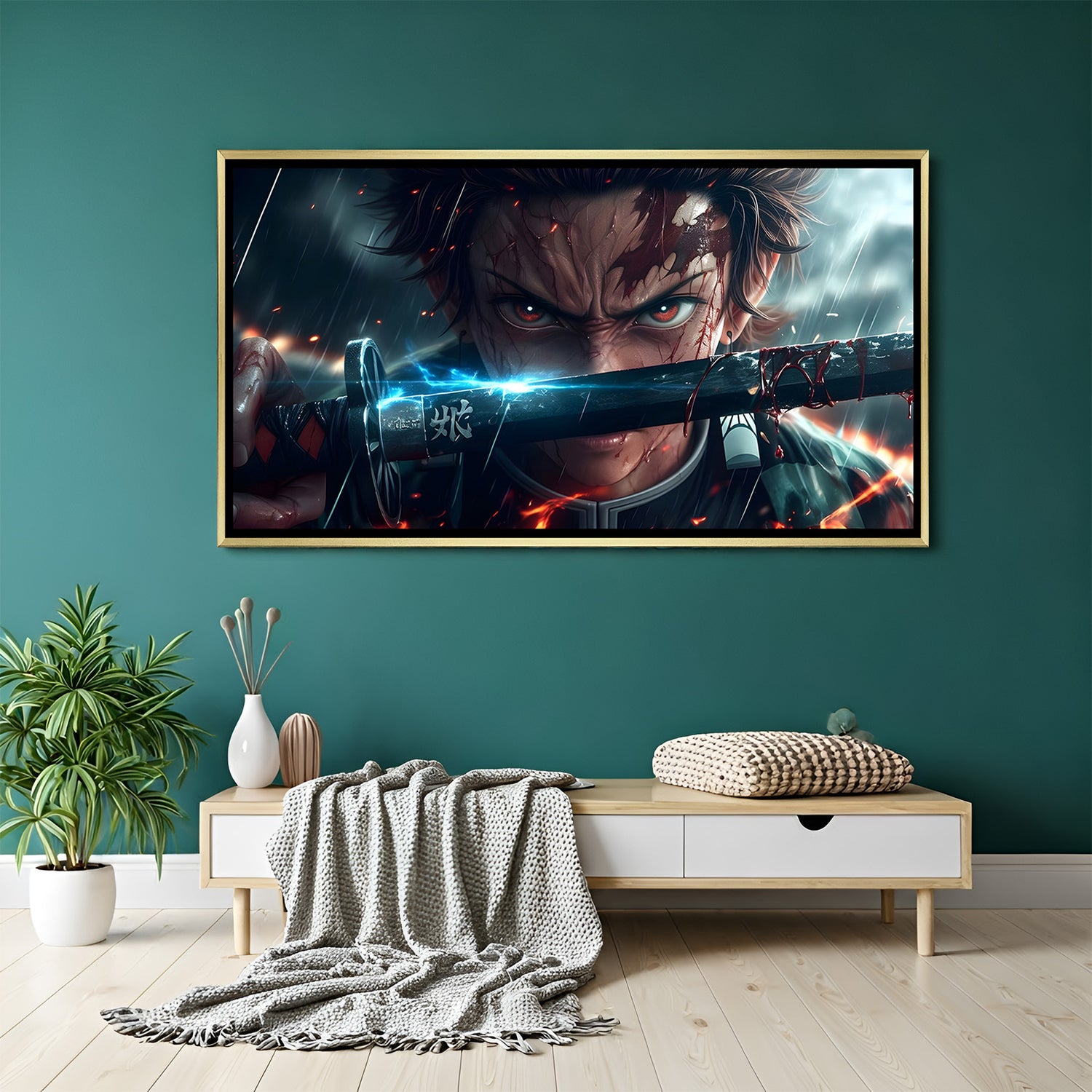 Tanjiro Kamado Demon Slayer wall art in luxury golden floater frame with anime sword design