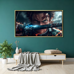 Tanjiro Kamado Demon Slayer wall art in luxury golden floater frame with anime sword design