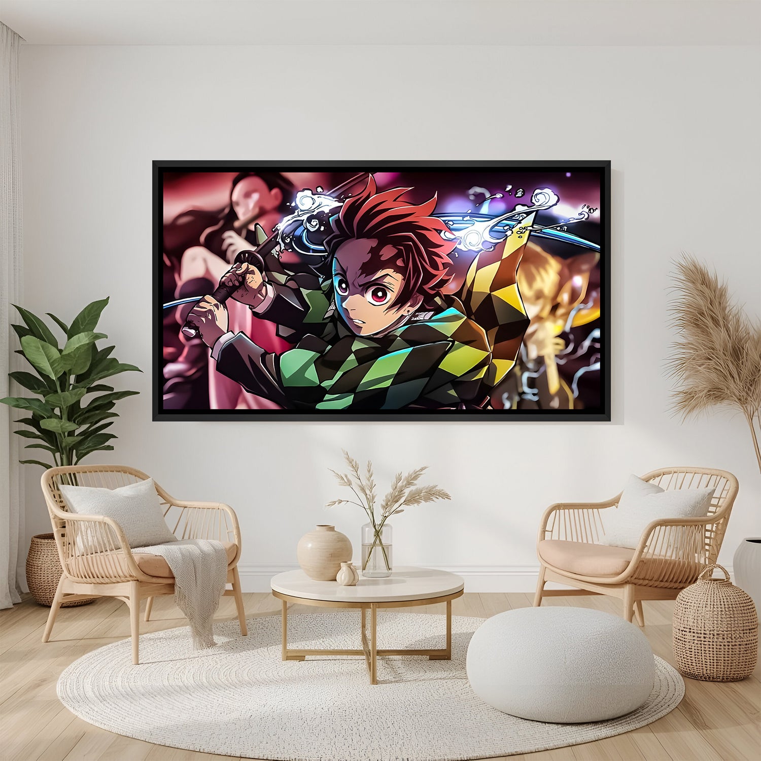 Tanjiro Kamado Water Breathing anime canvas artwork in premium black floater frame