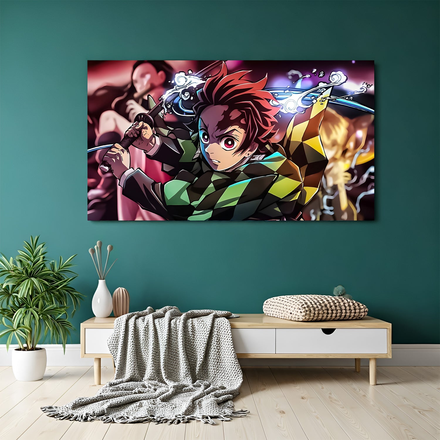 Tanjiro Kamado Water Breathing canvas painting with sword anime artwork in canvas wrapped frame