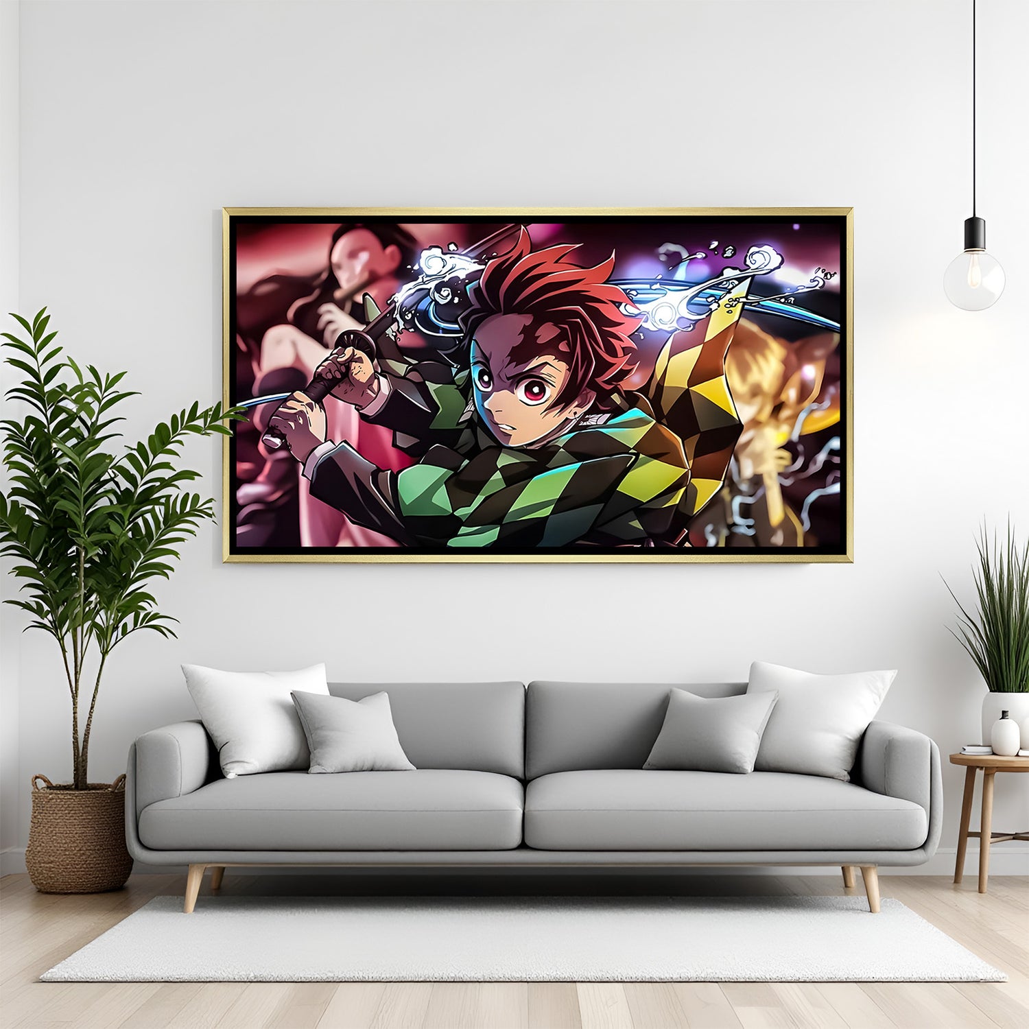 Tanjiro Kamado Demon Slayer wall art in luxury golden floater frame with Water Breathing design