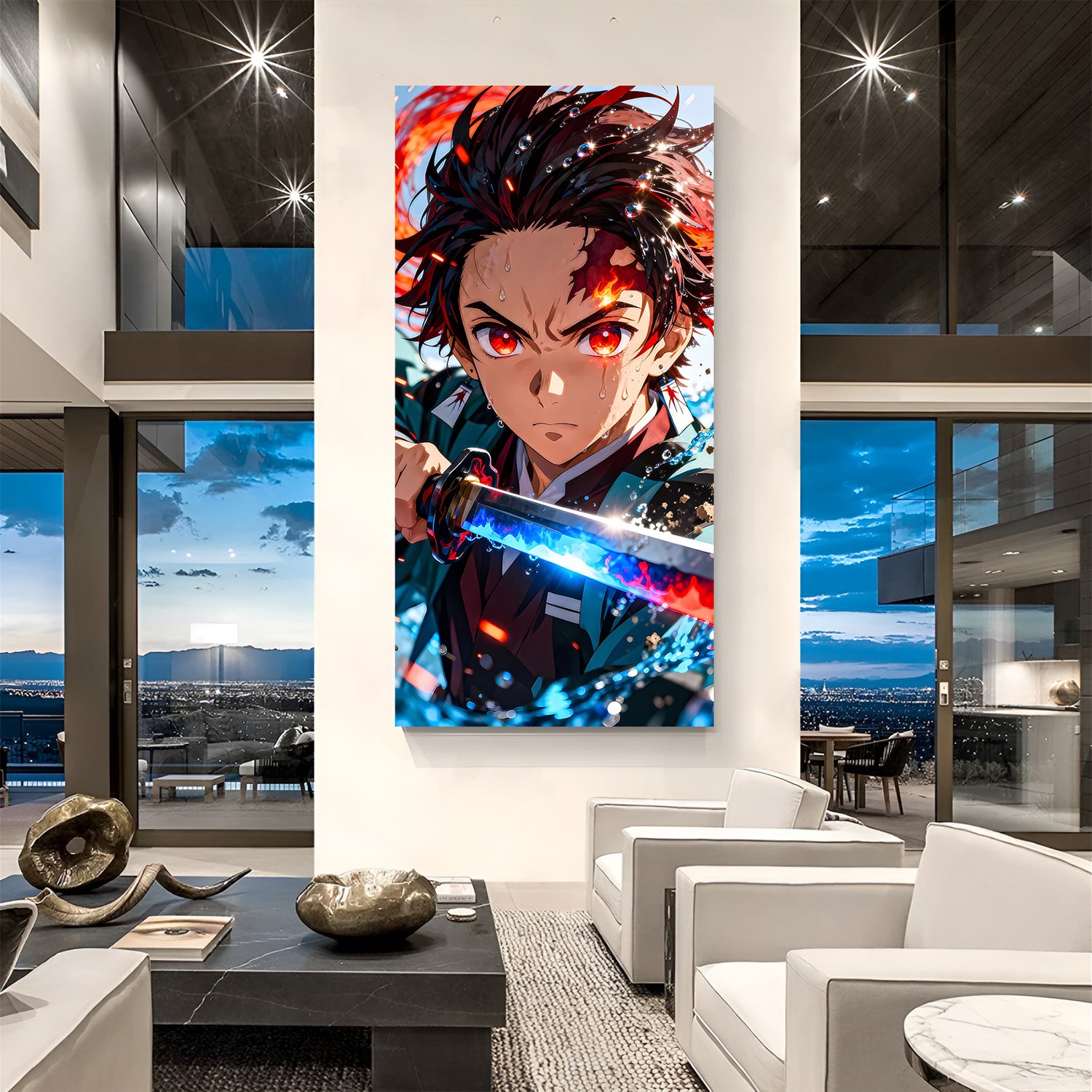 Tanjiro Kamado Water Breathing and Hinokami Kagura canvas painting in canvas wrapped frame