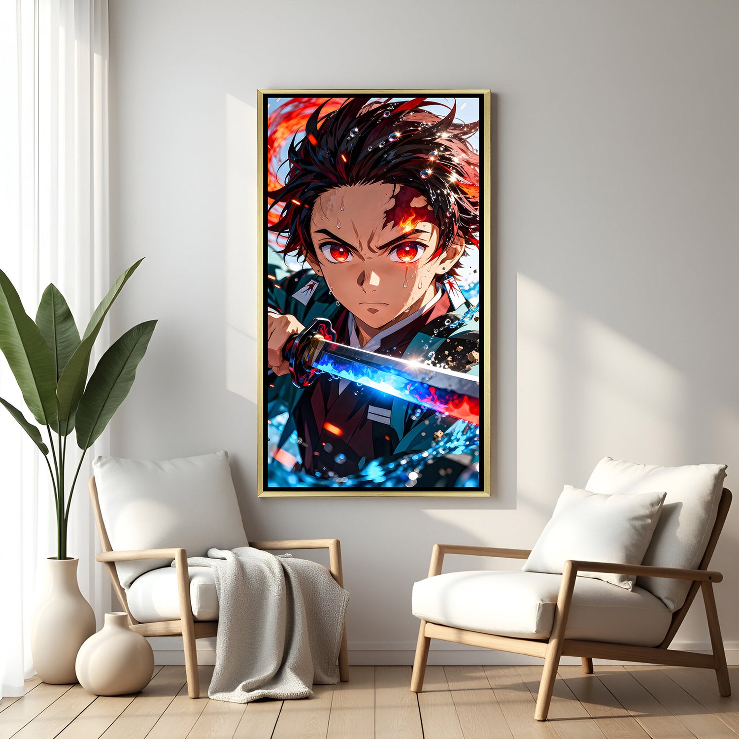Tanjiro Kamado Demon Slayer wall art in golden floater frame with fire and water anime design