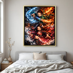 Tanjiro and Nezuko Demon Slayer wall art in luxury golden floater frame with fiery anime battle design