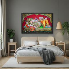 Black frame Lord Ganesha Tanjore canvas wall art – traditional Indian ethnic painting for elegant spiritual spaces