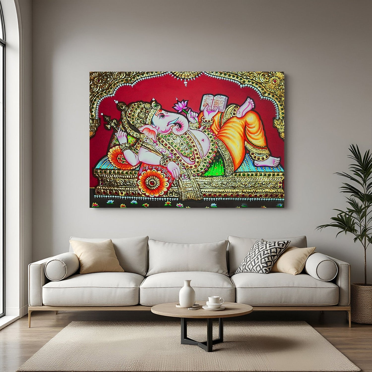 Tanjore-style Lord Ganesha canvas painting for traditional Indian ethnic wall art and spiritual home and office decor