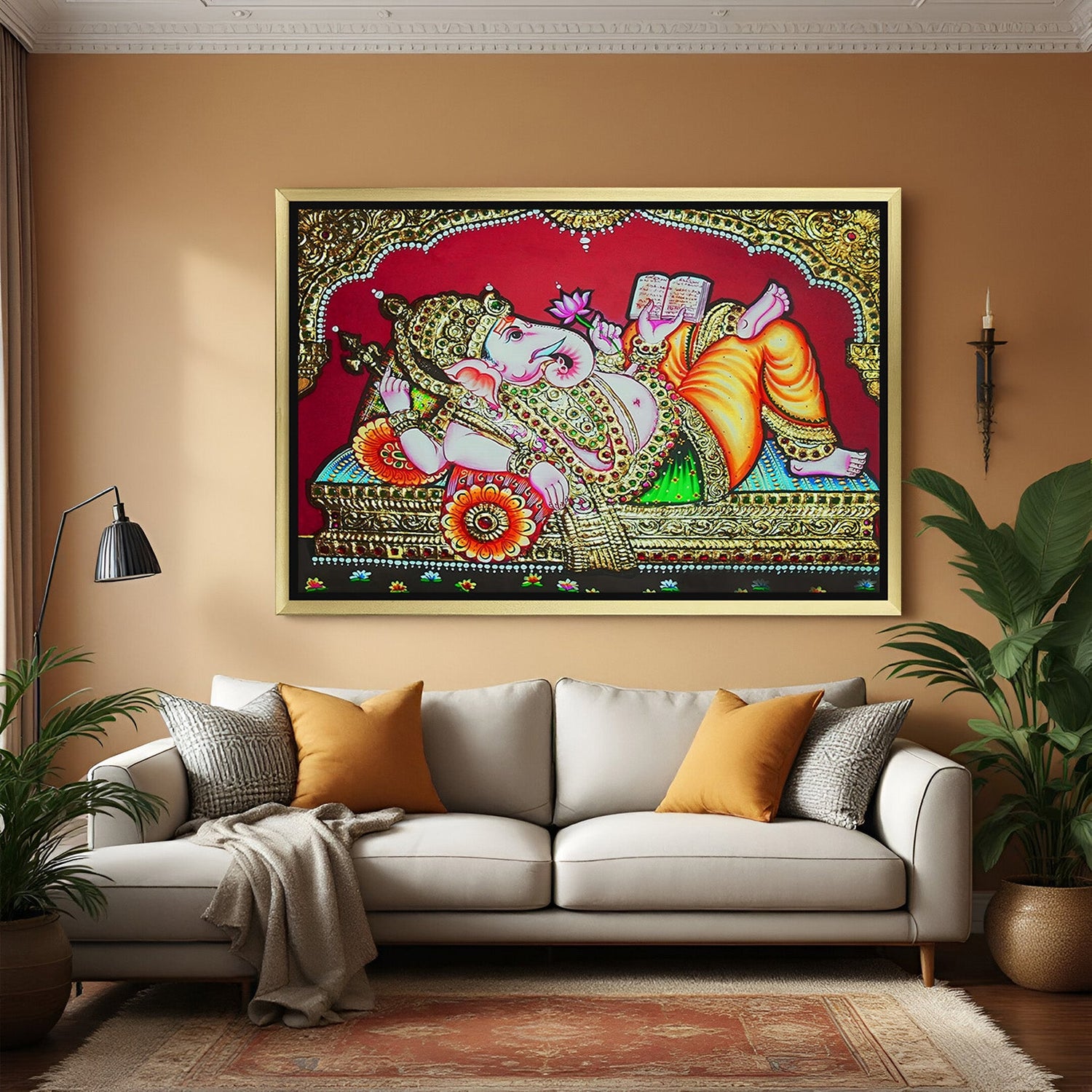 Golden frame Tanjore Ganesha canvas painting – Indian ethnic wall art for auspicious home and office decor