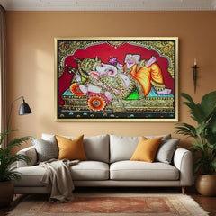 Golden frame Tanjore Ganesha canvas painting – Indian ethnic wall art for auspicious home and office decor