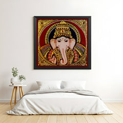 Lord Ganesha Tanjore painting in black frame – auspicious canvas wall art for pooja rooms and traditional home decor