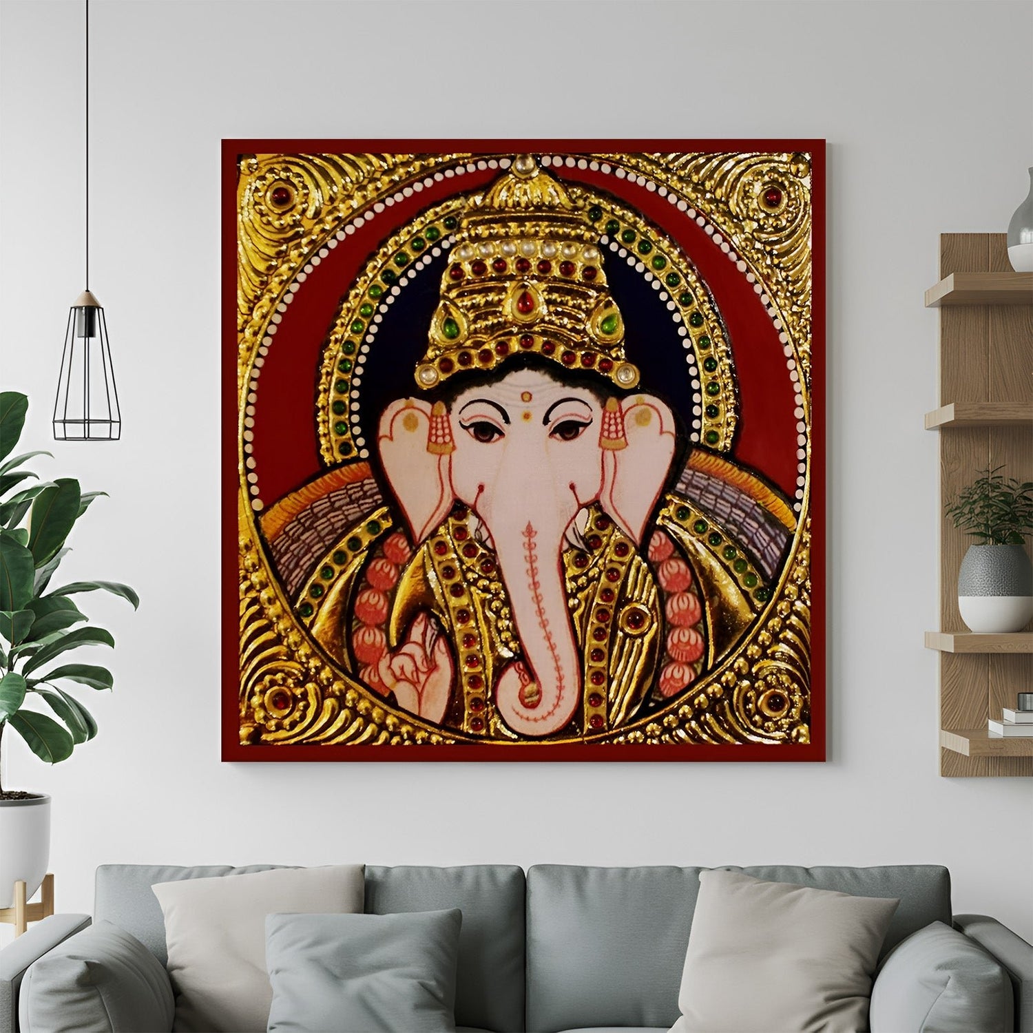 Tanjore canvas painting of Lord Ganesha – ethnic and spiritual wall art for Vastu-inspired Indian interiors