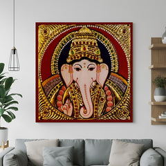 Tanjore canvas painting of Lord Ganesha – ethnic and spiritual wall art for Vastu-inspired Indian interiors