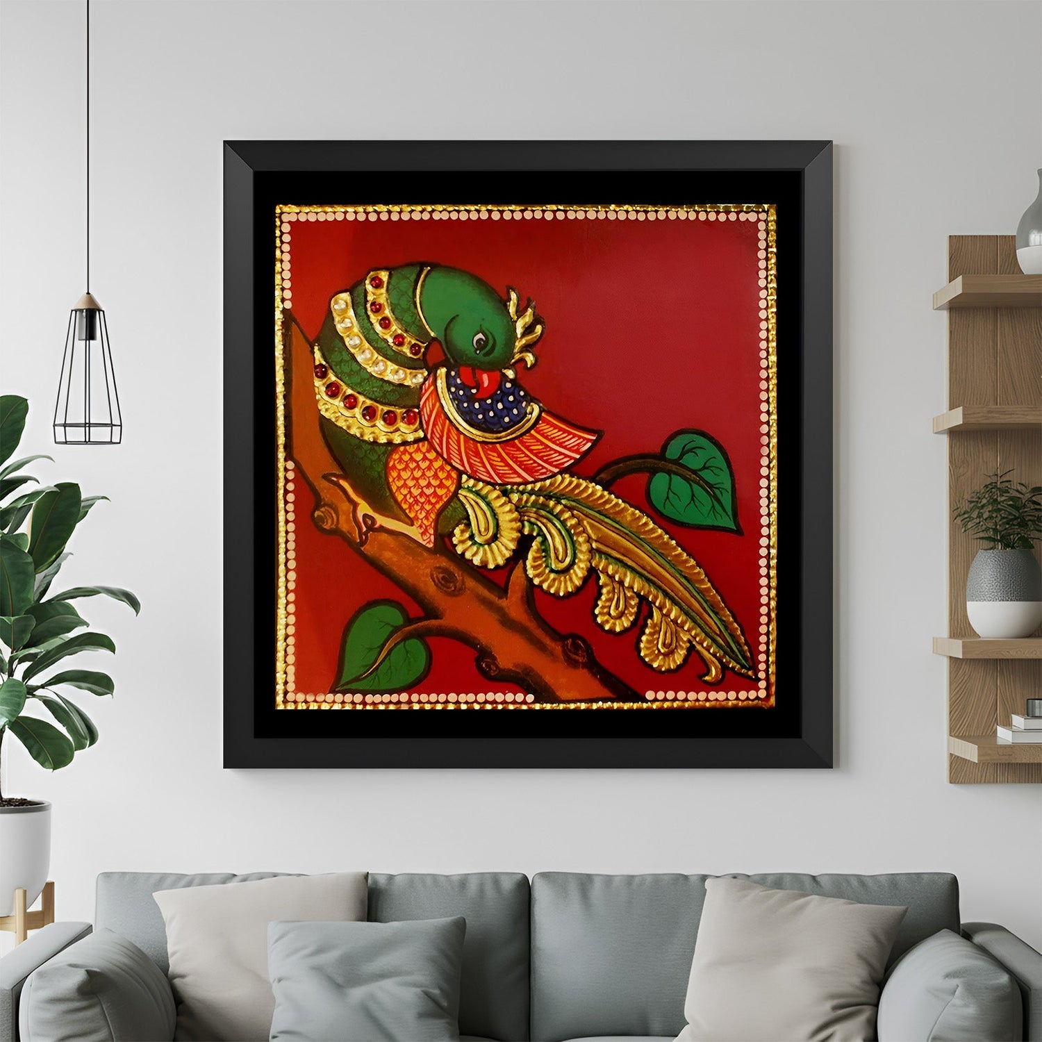 Black floater frame Tanjore parrot canvas painting in classic South Indian style for elegant spiritual and ethnic home wall decoration
