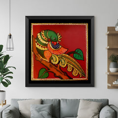 Black floater frame Tanjore parrot canvas painting in classic South Indian style for elegant spiritual and ethnic home wall decoration